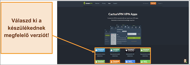 Képernyőkép, amely megmutatja, hogy hol töltse le a CactusVPN kívánt verzióját a webhelyéről