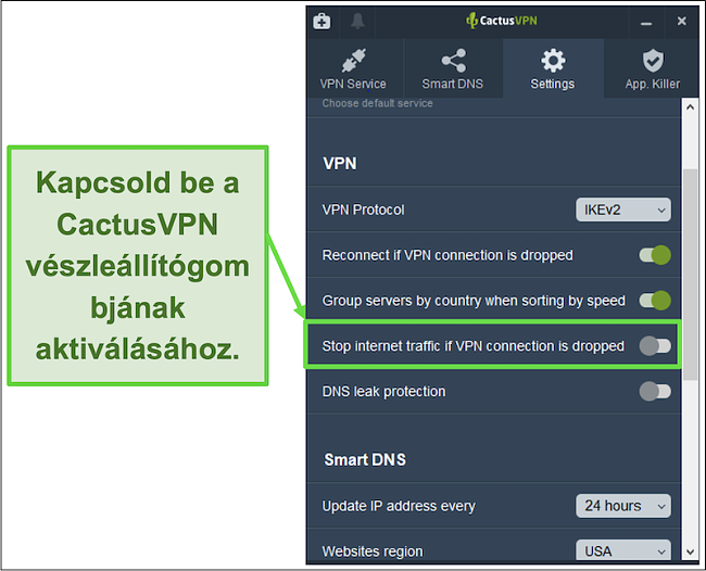 Képernyőkép, amely bemutatja, hogyan lehet manuálisan aktiválni a CactusVPN kill kapcsolóját