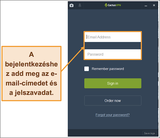 Képernyőkép a bejelentkezési képernyőről a CactusVPN kliensen