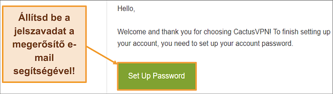 Képernyőkép, amely a CactusVPN visszaigazoló e-mailt jelenít meg fiókja jelszavának létrehozásához