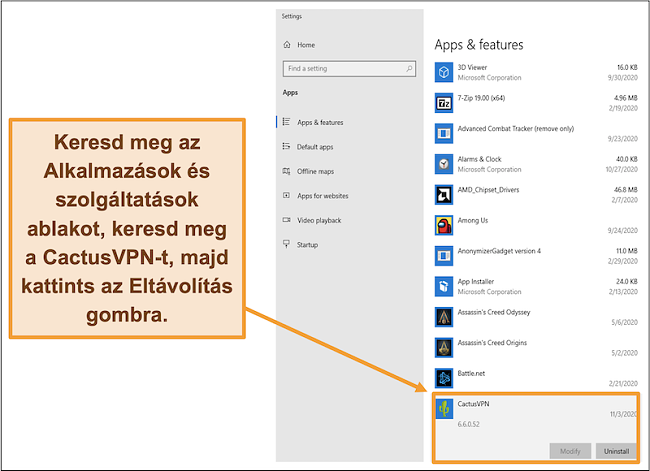 Képernyőkép, amely bemutatja, hogyan lehet elindítani a CactusVPN eltávolítását az Alkalmazások és szolgáltatások menüből