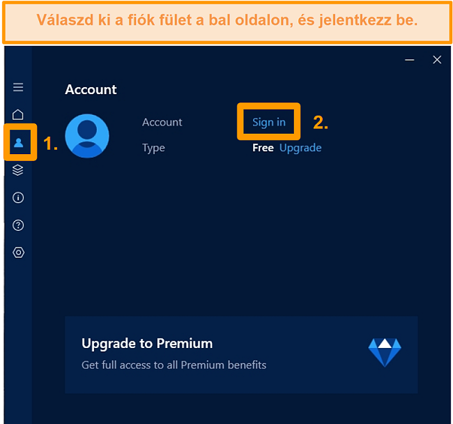 Pillanatkép a Hotspot Shield Windows alkalmazásfiók bejelentkezési képernyőjéről.