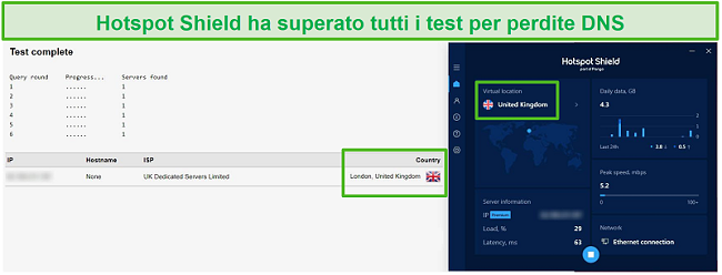 Screenshot di Hotspot Shield che supera un test DNS mentre è connesso a un server del Regno Unito.