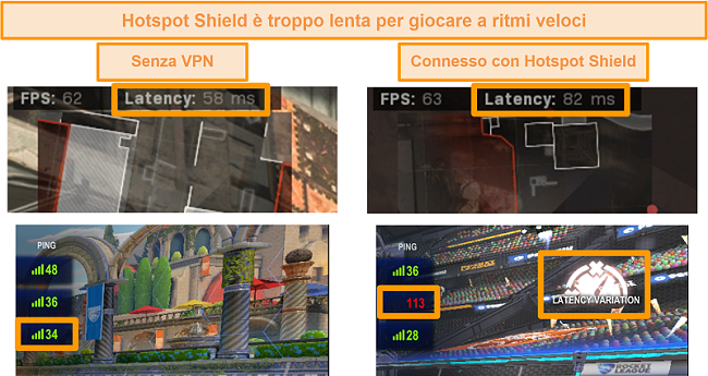 Screenshot di Call of Duty: Modern Warfare e Rocket League testati per aumentare la latenza quando connesso a Hotspot Shield VPN su PC.