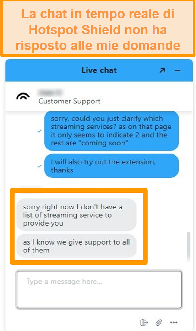 Screenshot di un agente di live chat di Hotspot Shield che non è in grado di rispondere alla mia domanda