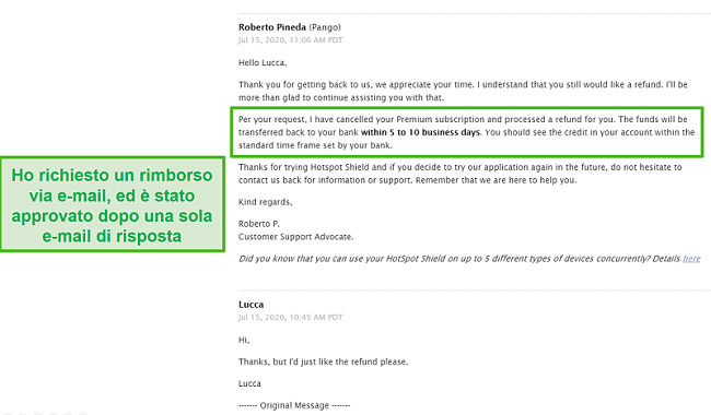 Screenshot di una conversazione e-mail con il supporto di Hotspot Shield, con conseguente approvazione del rimborso.