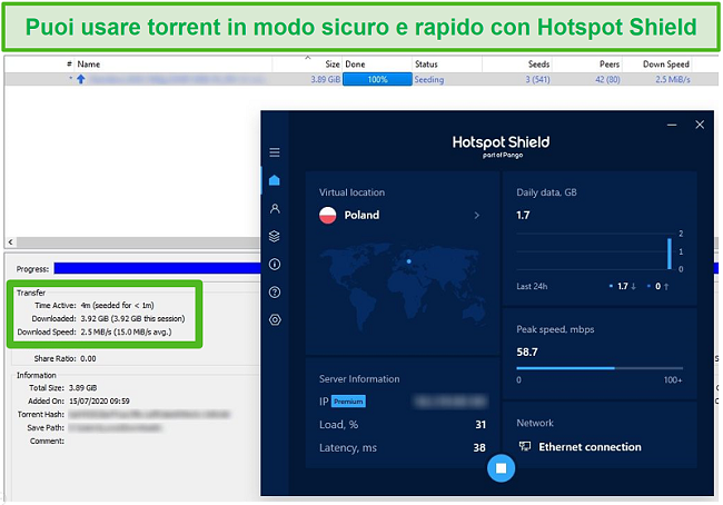 Screenshot della connessione a Hotspot Shield durante il torrenting di un file da 4 GB in meno di 4 minuti.