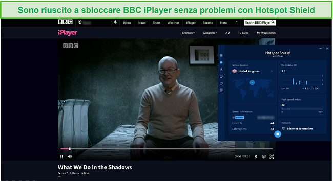 Screenshot di Hotspot Shield che sblocca What We Do in the Shadows su BBC iPlayer.