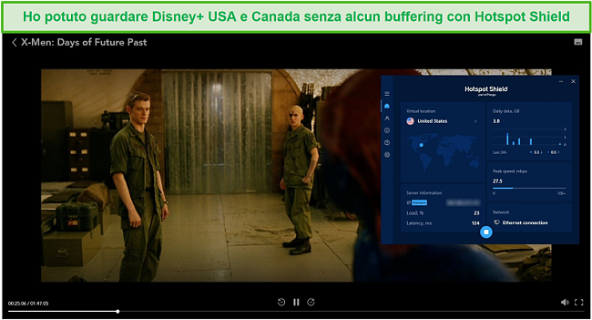 Screenshot di Hotspot Shield che sblocca Disney + e lo streaming di X-Men: Days of Future Past.