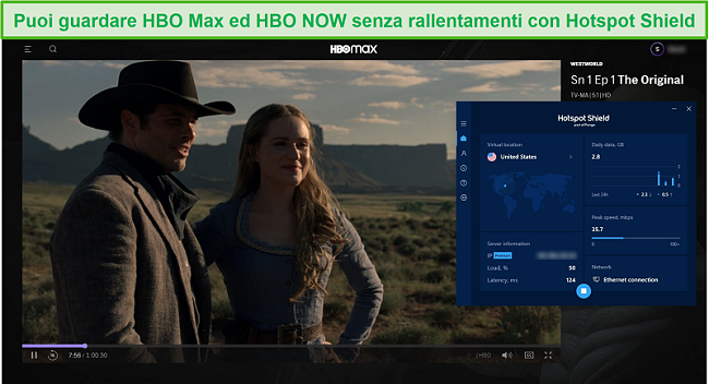 Screenshot di Hotspot Shield che sblocca Westworld su HBO Max.