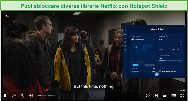 Screenshot di Hotspot Shield che sblocca Netflix e lo streaming di Dark.