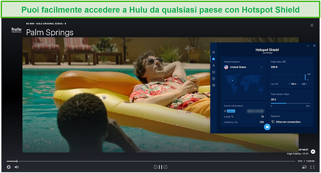 Screenshot di Hotspot Shield che sblocca Hulu e lo streaming di Palm Springs.