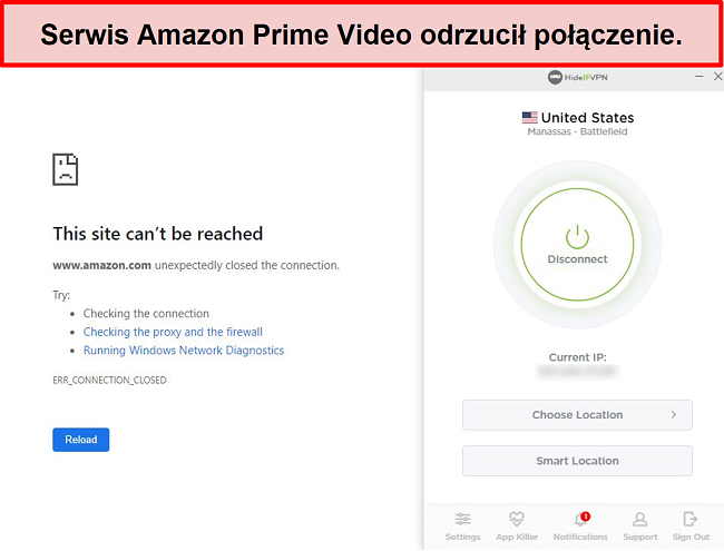 Zrzut ekranu przedstawiający Amazon Prime Video odrzucający połączenie HideIPVPN.