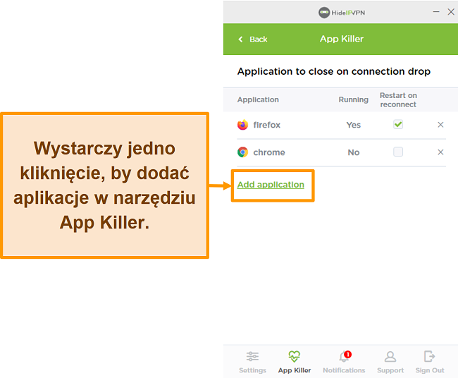 Zrzut ekranu programu HideIPVPN Application Killer.