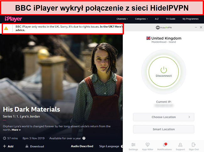 Zrzut ekranu pokazujący błąd BBC iPlayer, który wykrył, że nie jesteś w Wielkiej Brytanii.