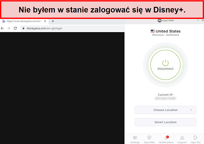 Zrzut ekranu przedstawiający HideIPVPN nieudany dostęp do Disney +.