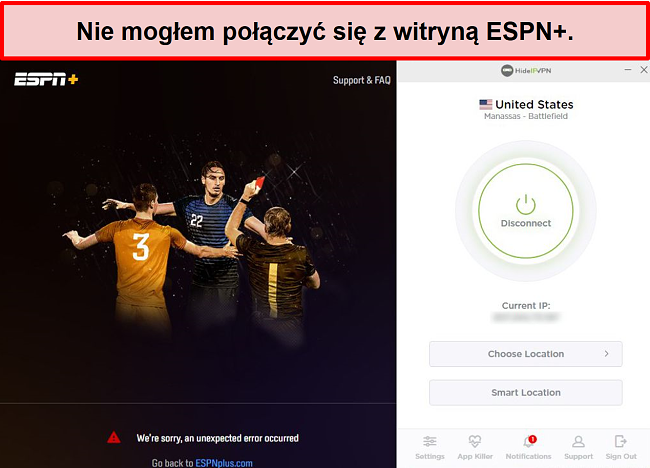 Zrzut ekranu ESPN + uniemożliwiający dostęp do jej usług za pośrednictwem HideIPVPN.