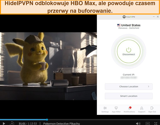 Zrzut ekranu przedstawiający HideIPVPN odblokowujący HBO Max, streaming Pokemon Detective Pikachu.