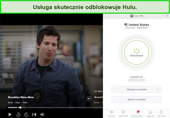 Zrzut ekranu przedstawiający HideIPVPN odblokowujący Hulu, streaming Brooklyn Nine-Nine.