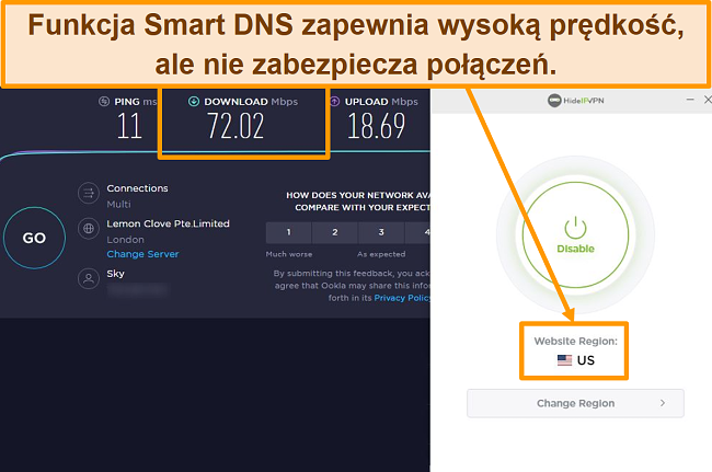 Zrzut ekranu testu szybkości HideIPVPN Smart DNS.