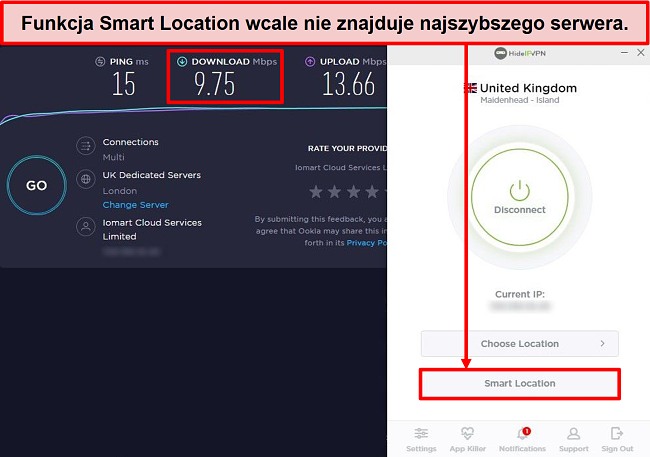 Zrzut ekranu z testem prędkości przy użyciu inteligentnej lokalizacji.