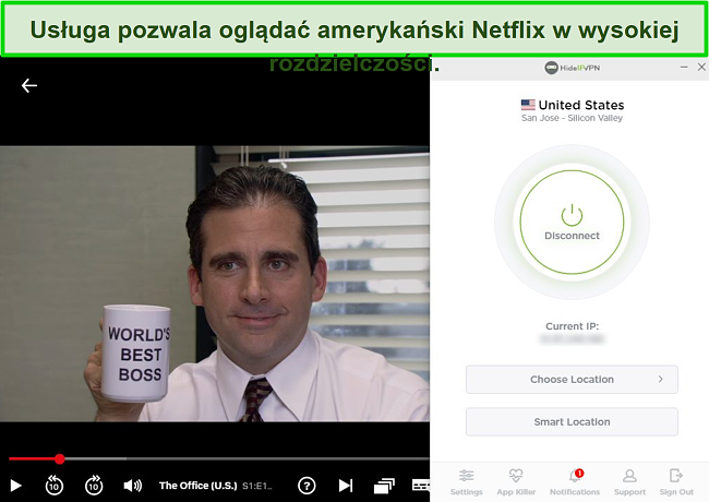 Zrzut ekranu przedstawiający HideIPVPN odblokowujący amerykański Netflix, przesyłający strumieniowo The Office (USA).