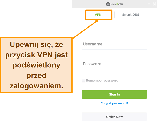 Zrzut ekranu ekranu logowania HideIPVPN na pulpicie.