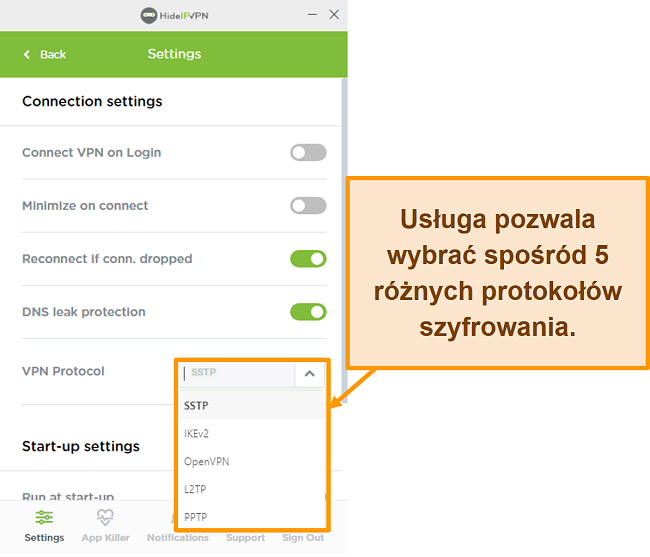 Zrzut ekranu protokołów szyfrowania HideIPVPN.