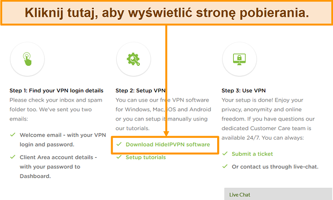 Zrzut ekranu przedstawiający proces tworzenia konta HideIPVPN, w którym należy kliknąć „Pobierz oprogramowanie HideIPVPN”, aby kontynuować.