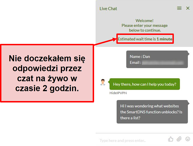 Zrzut ekranu przedstawiający brak odpowiedzi na czacie na żywo HideIPVPN.