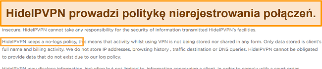 Zrzut ekranu z polityką braku logów HideIPVPN.