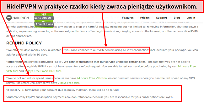 Zrzut ekranu przedstawiający zasady zwrotów HidelVPN