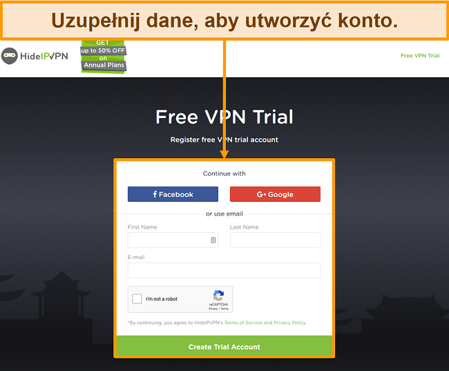 Zrzut ekranu procesu tworzenia konta HideIPVPN.