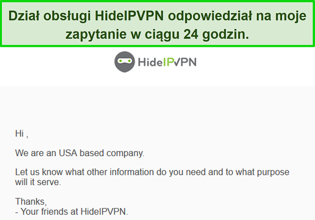 Zrzut ekranu wsparcia e-mailowego HideIPVPN.