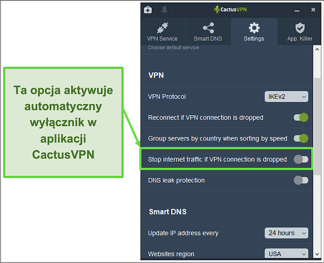 Zrzut ekranu pokazujący, jak ręcznie aktywować wyłącznik awaryjny CactusVPN