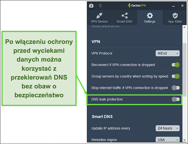 Zrzut ekranu pokazujący, jak włączyć ochronę przed wyciekiem DNS