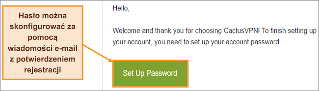 Zrzut ekranu przedstawiający wiadomość e-mail z potwierdzeniem od CactusVPN umożliwiającą utworzenie hasła do konta