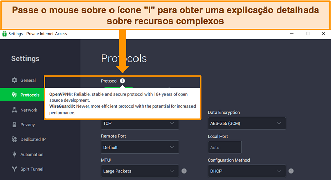 Captura de tela do aplicativo Windows da PIA no menu Protocolos, mostrando uma explicação detalhada de um recurso ao passar o mouse sobre o ícone de informações 