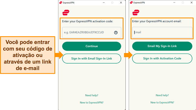 Capturas de tela do aplicativo ExpressVPN para Windows mostrando os métodos pelos quais um usuário pode entrar no aplicativo.