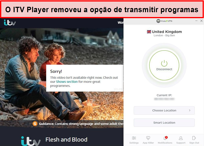 Captura de tela do ITV Player removendo a opção de transmitir shows na conexão HideIPVPN. Em vez disso, afirma que o vídeo não está disponível para reprodução no momento.