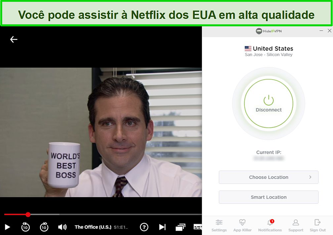 Captura de tela de HideIPVPN desbloqueando US Netflix, streaming de The Office (EUA).