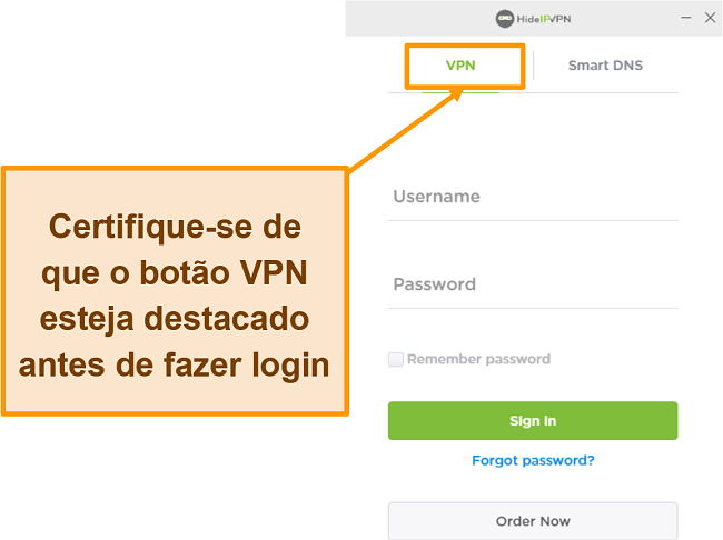 Captura de tela da tela de login do HideIPVPN para desktop.