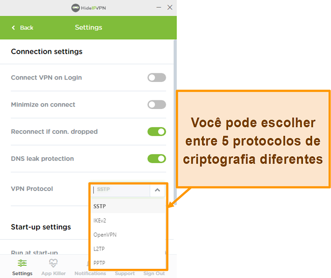 Captura de tela dos protocolos de criptografia HideIPVPN.