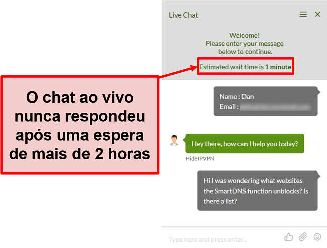 Captura de tela do chat ao vivo do HideIPVPN sem resposta.