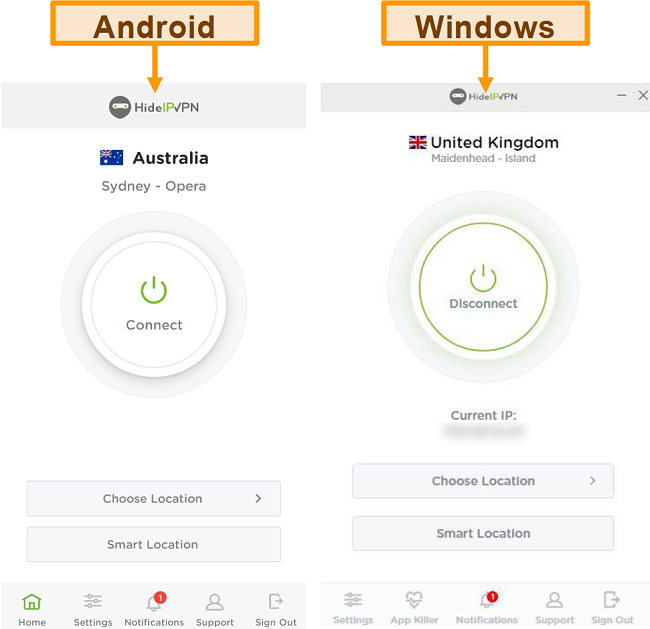 Captura de tela dos aplicativos de desktop e móveis do HideIPVPN.
