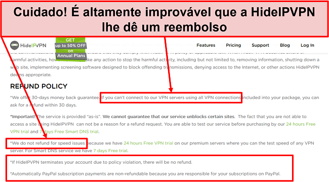 Captura de tela da política de reembolso da HidelVPN