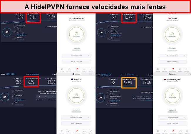 Captura de tela dos testes de velocidade do HideIPVPN em 4 locais de servidor.