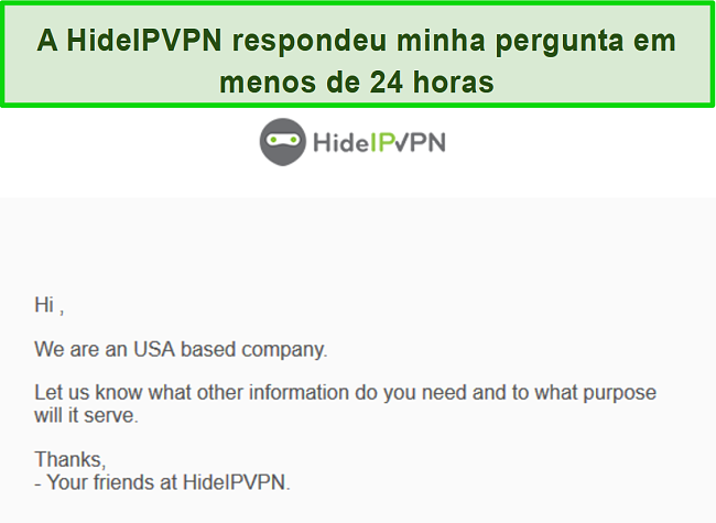 Captura de tela do suporte por e-mail do HideIPVPN.