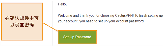 屏幕快照显示来自CactusVPN的确认电子邮件，用于为您的帐户创建密码