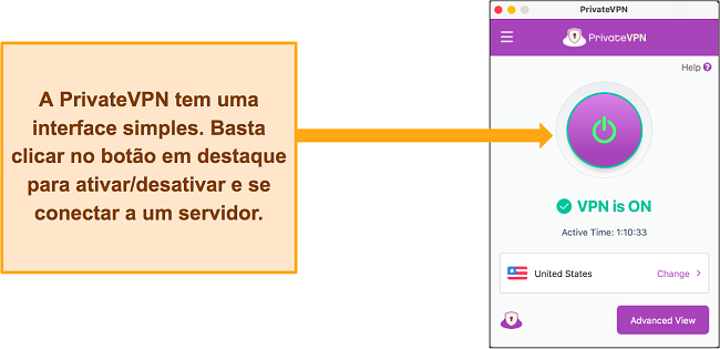 Imagem da interface do PrivateVPN enquanto conectado a um servidor